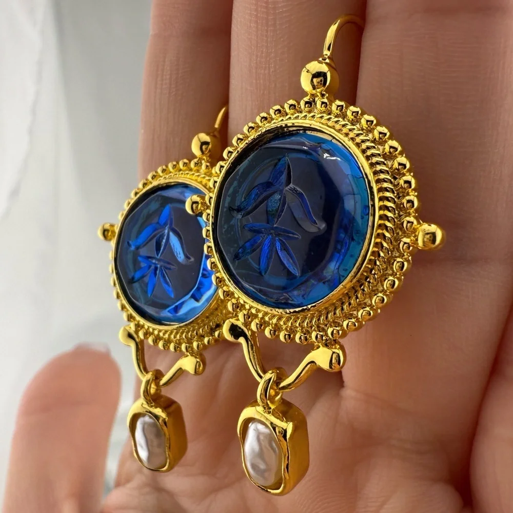 Vintage blue Cameo Earrings – Gold Drop Pearl Accent Jewelry - Picture 6 of 12